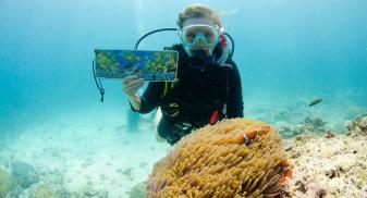 Katya is scuba diving at the Great Barrier Reed. There is an anemone and clown fish in front of her and she holds a post card. 